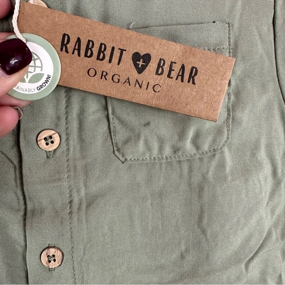 NWT rabbit + bear organic cotton linen blend short set boys sage green